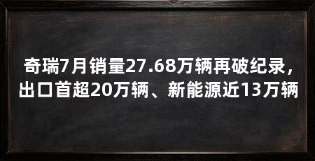 奇瑞7月销量27.68万辆再破纪录，出口首超20万辆、新能源近13万辆