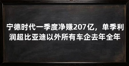 宁德时代一季度净赚207亿，单季利润超比亚迪以外所有车企去年全年